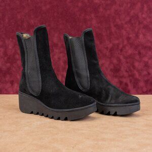 Fly London Women Wedge Black Suede Lug Slip-on Chelsea Ankle Boots 8-8.5US EUR39